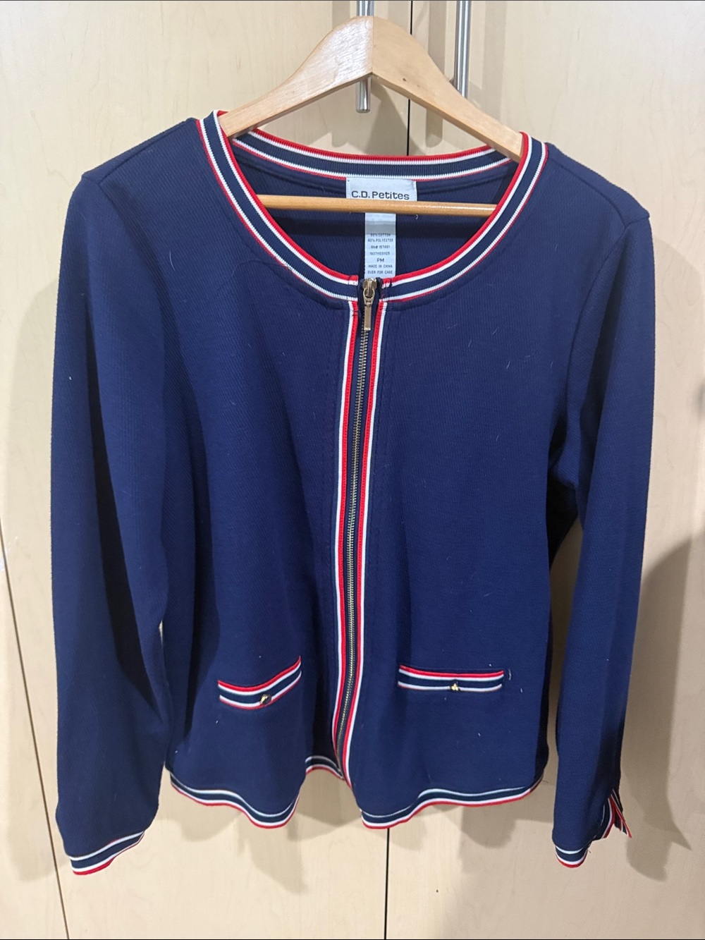 C.D. Petites Navy Zip-Front Blazer with Red & White Trim